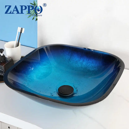 Tempered Glass Bathroom Vessel Sink with Waterfall Black Faucet Tap Bathroom Oval Blue Vessel Sinks Above Counter Basin