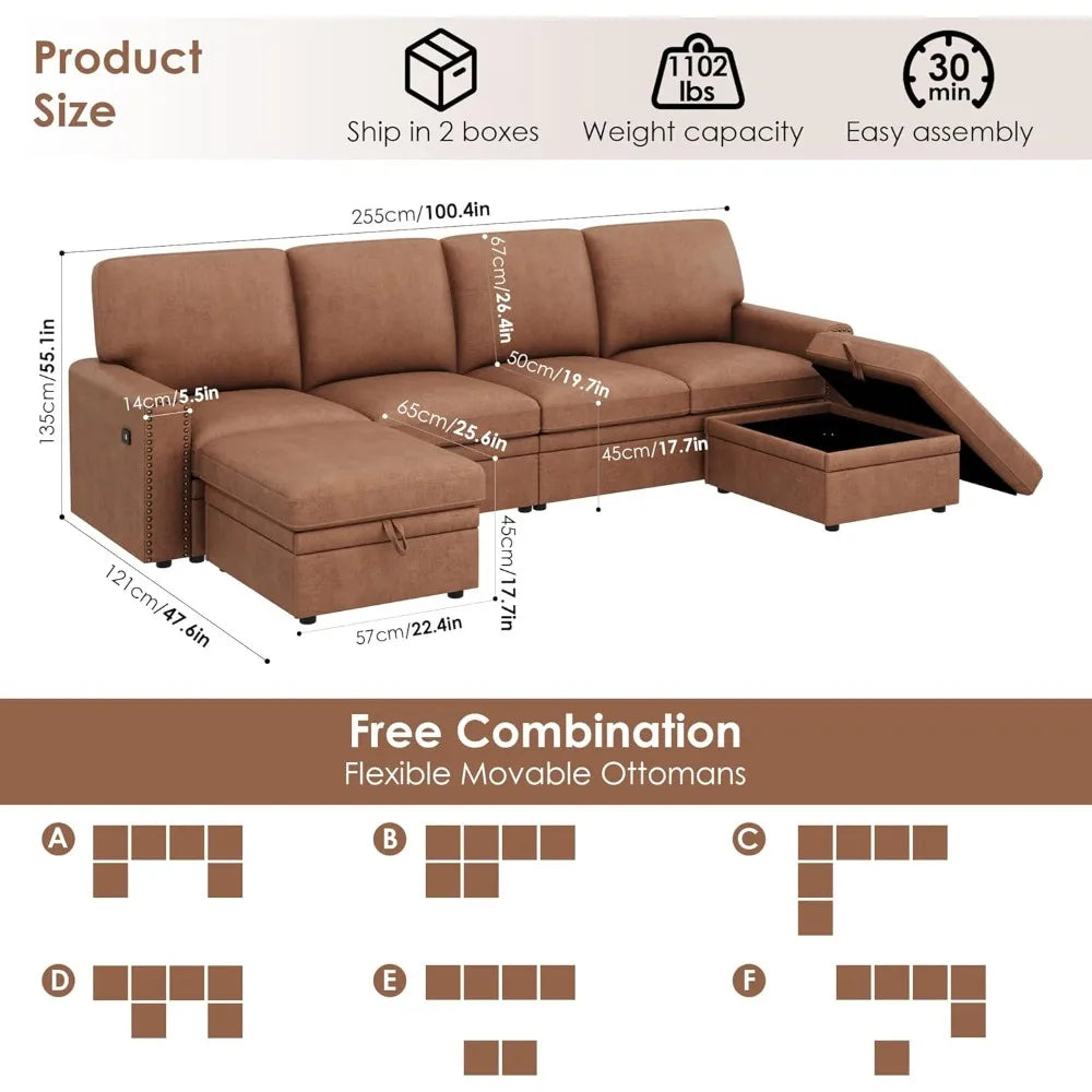 6-Seat U-Shaped Sectional Sofa with Storage and USB Ports, Brown Leather Couch, Large Seating for Comfort