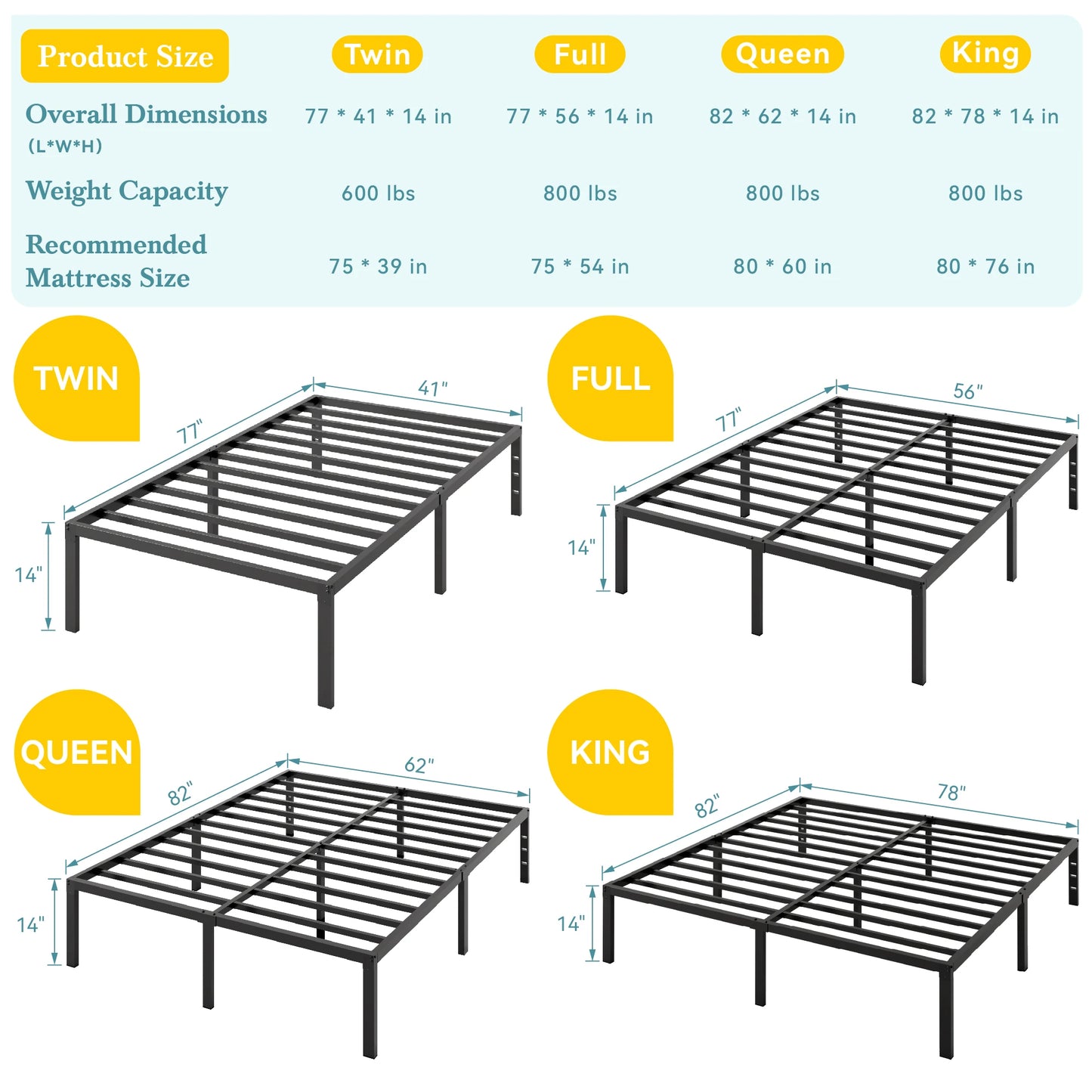 Twin/Full/Queen/King Heavy-Duty Metal Bed Frame