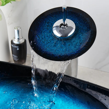 Tempered Glass Bathroom Vessel Sink with Waterfall Black Faucet Tap Bathroom Oval Blue Vessel Sinks Above Counter Basin