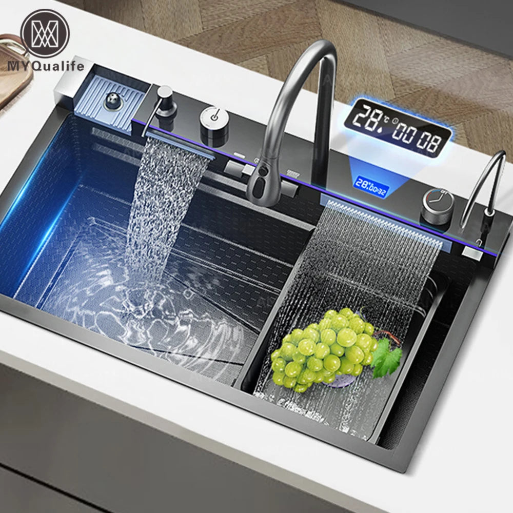 Stainless Steel Waterfall Kitchen Sink Large Single Slot Integrated Digital Display Faucet Set Soap Dispenser Cup Washer