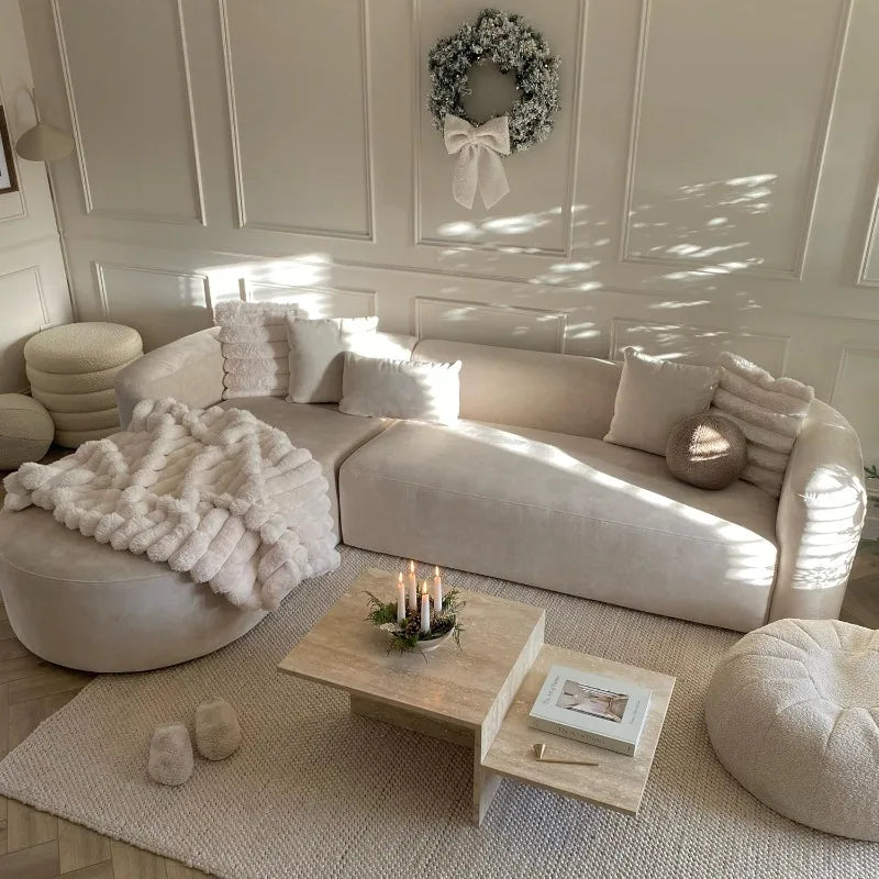 Velvet L-Shaped Sofa Curved Back Left Chaise