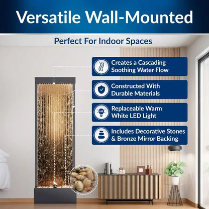 72 Tall Indoor Outdoor Mirror Waterfall Floor Fountain, LED Lights amp River Stones, Elegant Bronze Finish for Home, Office, Pa