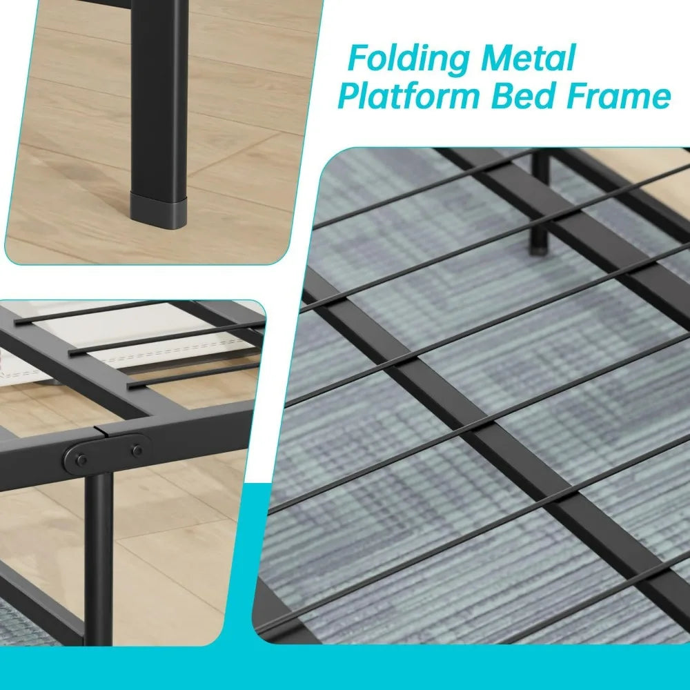 Metal Foldable Bed Frame Heavy Duty Steel Slats 6 Legs