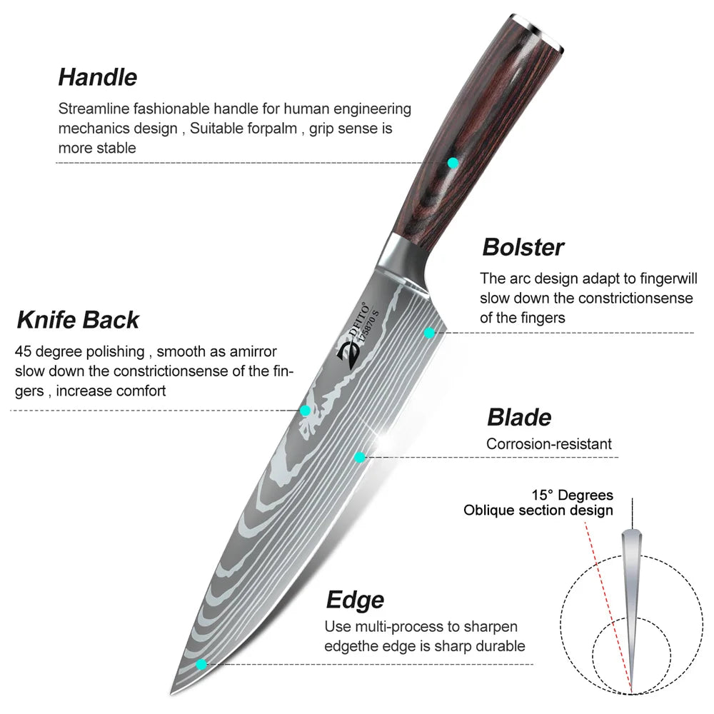 8pcs Kitchen Knife Damascus Stainless Steel Nylon Bag