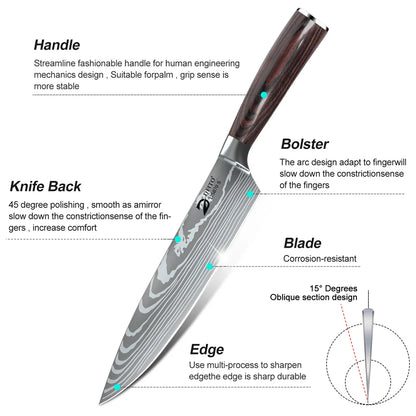 8pcs Kitchen Knife Damascus Stainless Steel Nylon Bag