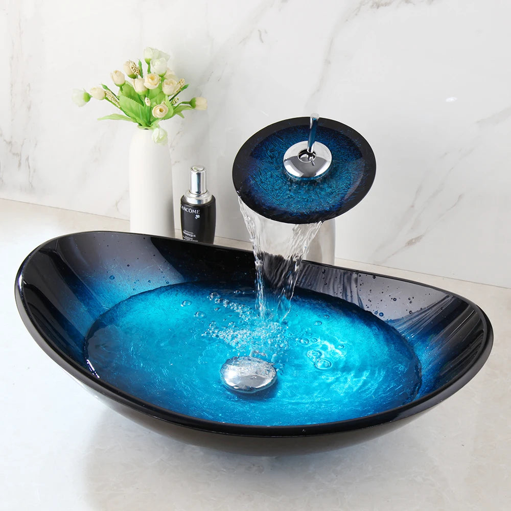Tempered Glass Bathroom Vessel Sink with Waterfall Black Faucet Tap Bathroom Oval Blue Vessel Sinks Above Counter Basin