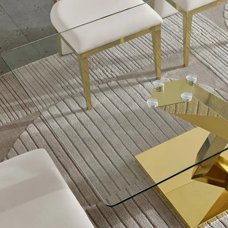 Gold Stainless Steel Dining Table with 70-inch Clear Tempered Glass Top