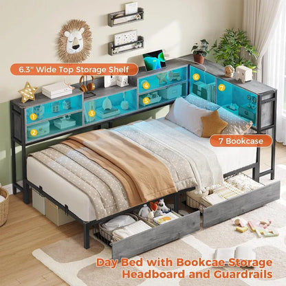 Corner Twin Bed Bookcase Storage Led Lights