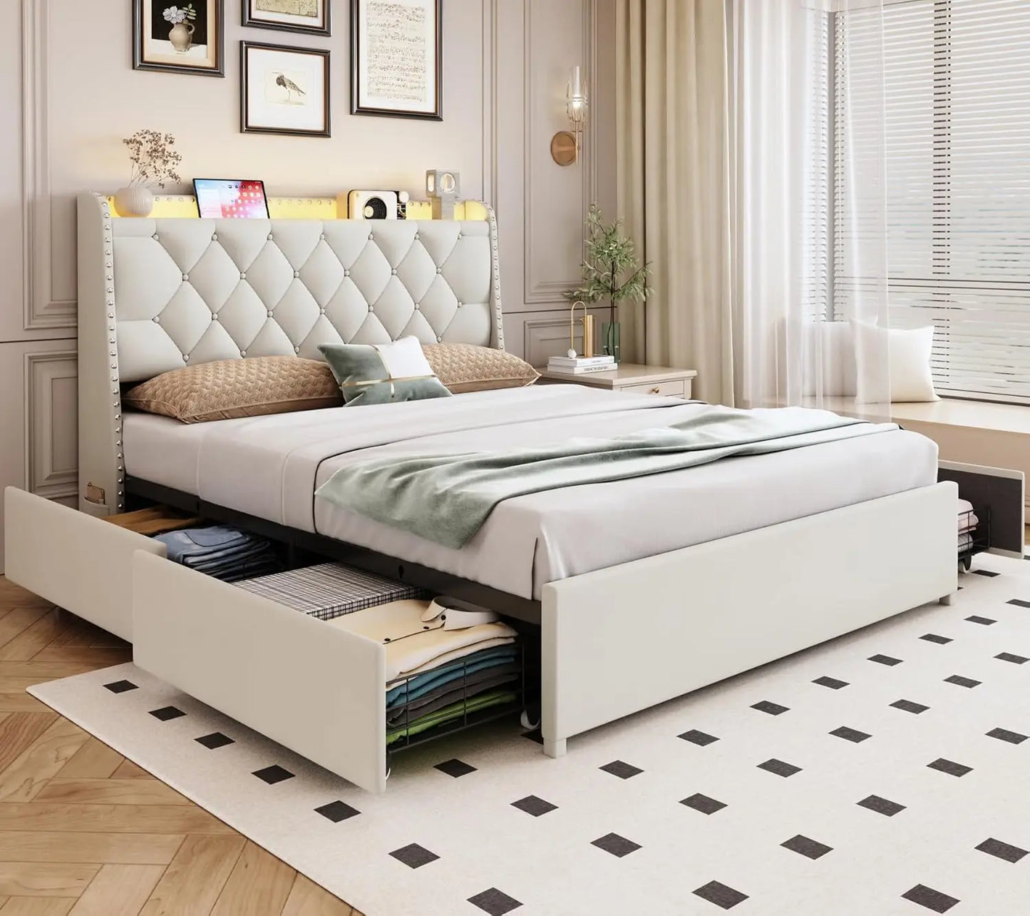 Queen Size Bed Frame with 4 Drawers & Storage Headboard
