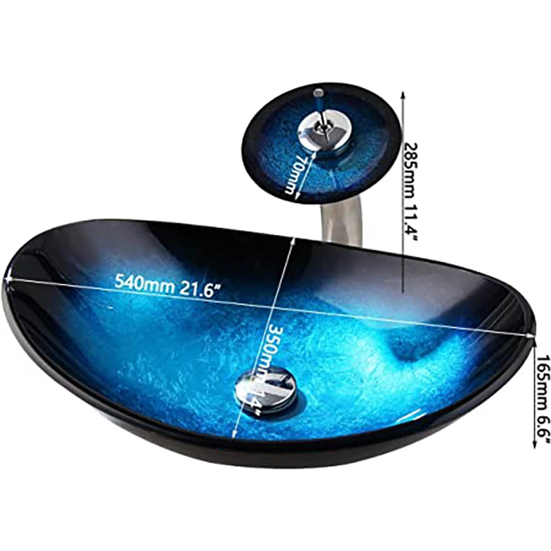 Tempered Glass Bathroom Vessel Sink with Waterfall Black Faucet Tap Bathroom Oval Blue Vessel Sinks Above Counter Basin