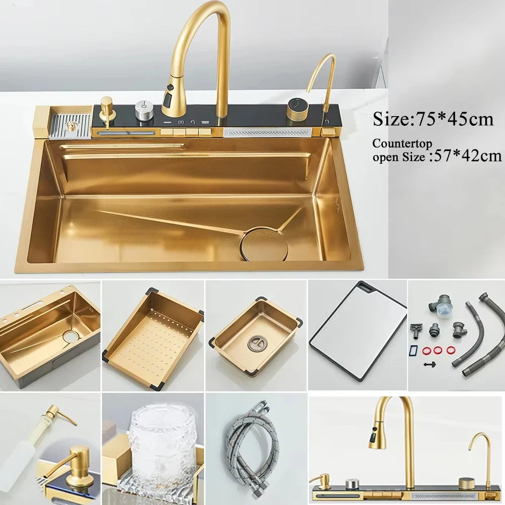 Stainless Steel Waterfall Kitchen Sink Large Single Slot Integrated Digital Display Faucet Set Soap Dispenser Cup Washer