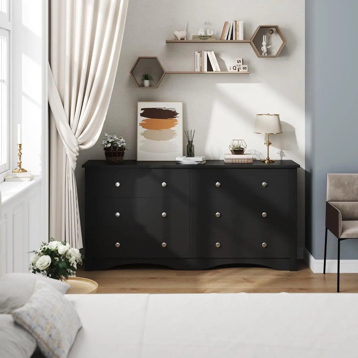 6 Wood Drawers Dresser for Bedroom, Double Dresser for TV up to 65 inch, TV Stand Storage Chest of Drawers for Living Room