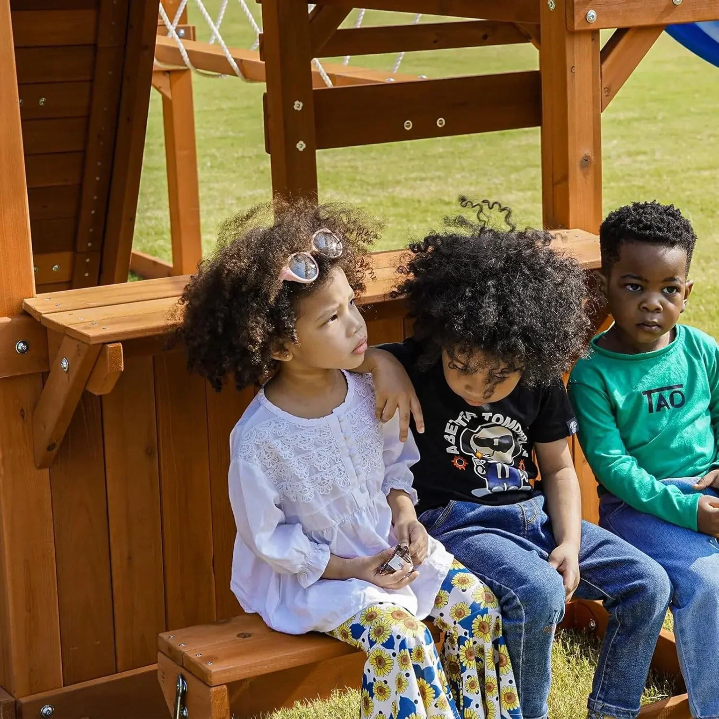 Swing Sets for Backyard with Plank Bridge, Wooden Playground Sets for Backyards with 2 Wave Slides, Monkey bar