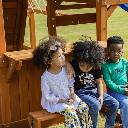 Swing Sets for Backyard with Plank Bridge, Wooden Playground Sets for Backyards with 2 Wave Slides, Monkey bar