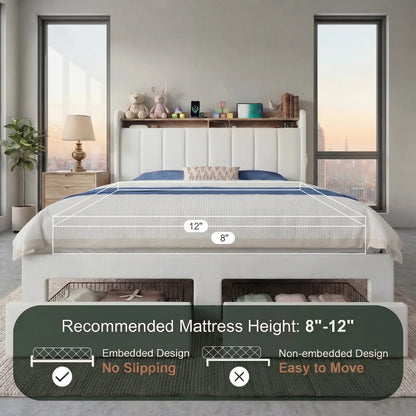 Bed Frame, 2 Storage Drawers/2-Tier Shelves with LED Lights