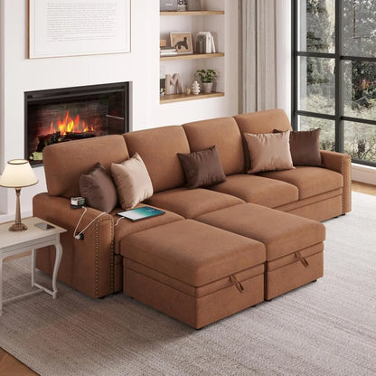 6-Seat U-Shaped Sectional Sofa with Storage and USB Ports, Brown Leather Couch, Large Seating for Comfort