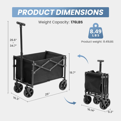 Outdoor Foldable Collapsible Wagon with Wheels 176 lbs Capacity Lightweight Portable with Flexible Handle for Garden Camping