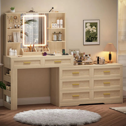 Makeup Vanity with Dresser Lighted Mirror & Power Outlet