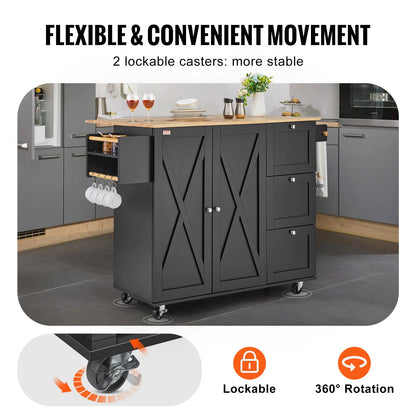56" Kitchen Island Cart Wood Top Mobile Carts with Storage Cabinet Rolling Table with Spice Rack Towel Adjustable Shelf