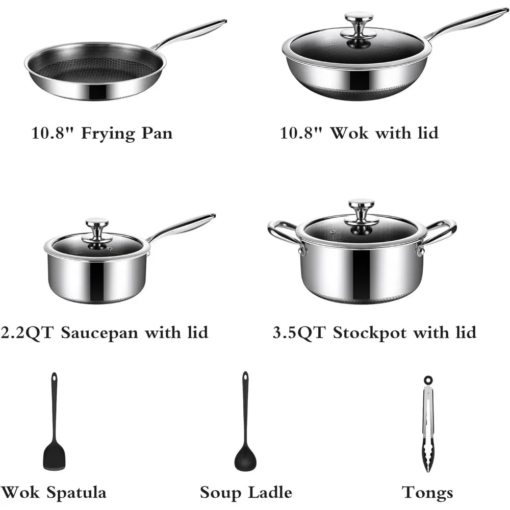 10 Pcs Non Stick Pots and Pans Set with Lids, Hybrid Stainless Steel Cookware Set, Skillet,Stock Pot,Frying Pan,Kitchen Cooking