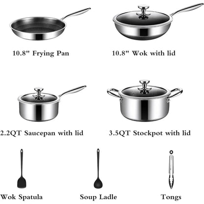 10 Pcs Non Stick Pots and Pans Set with Lids, Hybrid Stainless Steel Cookware Set, Skillet,Stock Pot,Frying Pan,Kitchen Cooking
