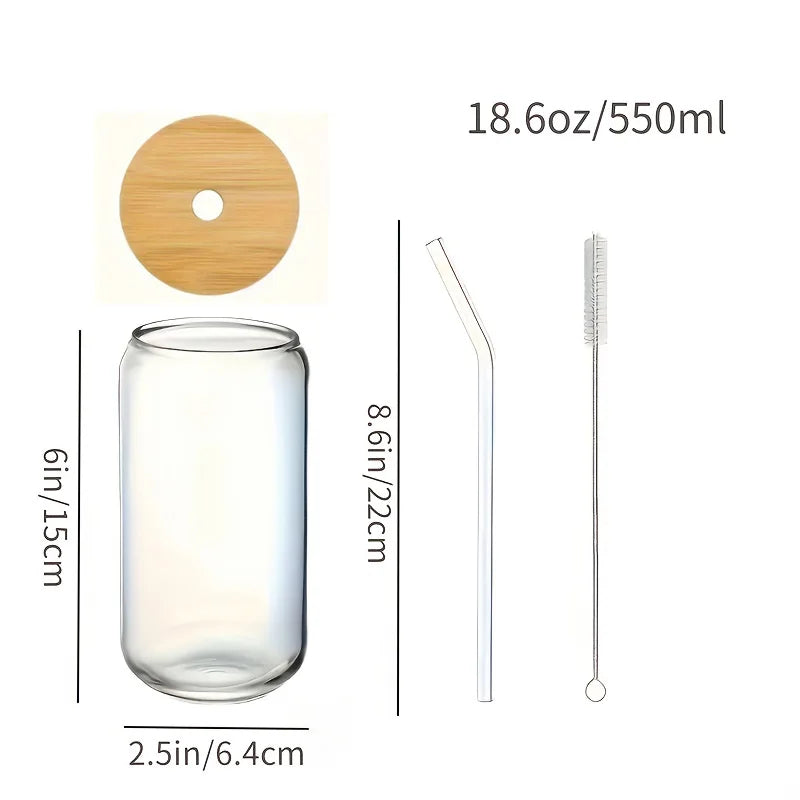 6pcs 18.6oz Glasses with Bamboo Lids and Glass Straw