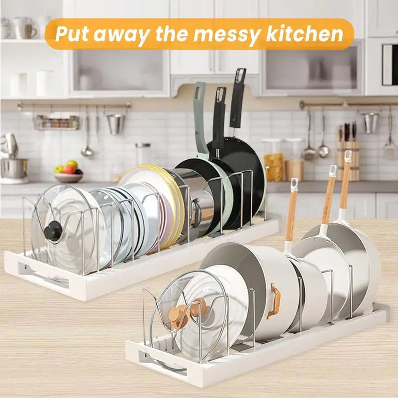 Expandable Pots and Pans Organizer Under Cabinet, Pot Lid Holder with 7Adjustable Compartment for Bakewar