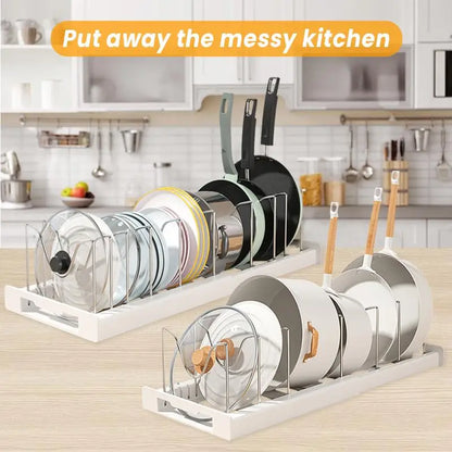 Expandable Pots and Pans Organizer Under Cabinet, Pot Lid Holder with 7Adjustable Compartment for Bakewar