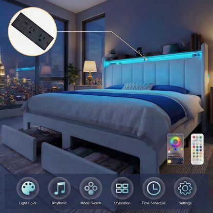 Bed Frame, 2 Storage Drawers/2-Tier Shelves with LED Lights