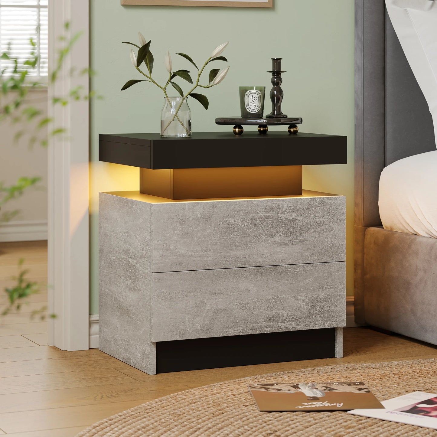 LED Nightstands with 2 Drawers, End Table