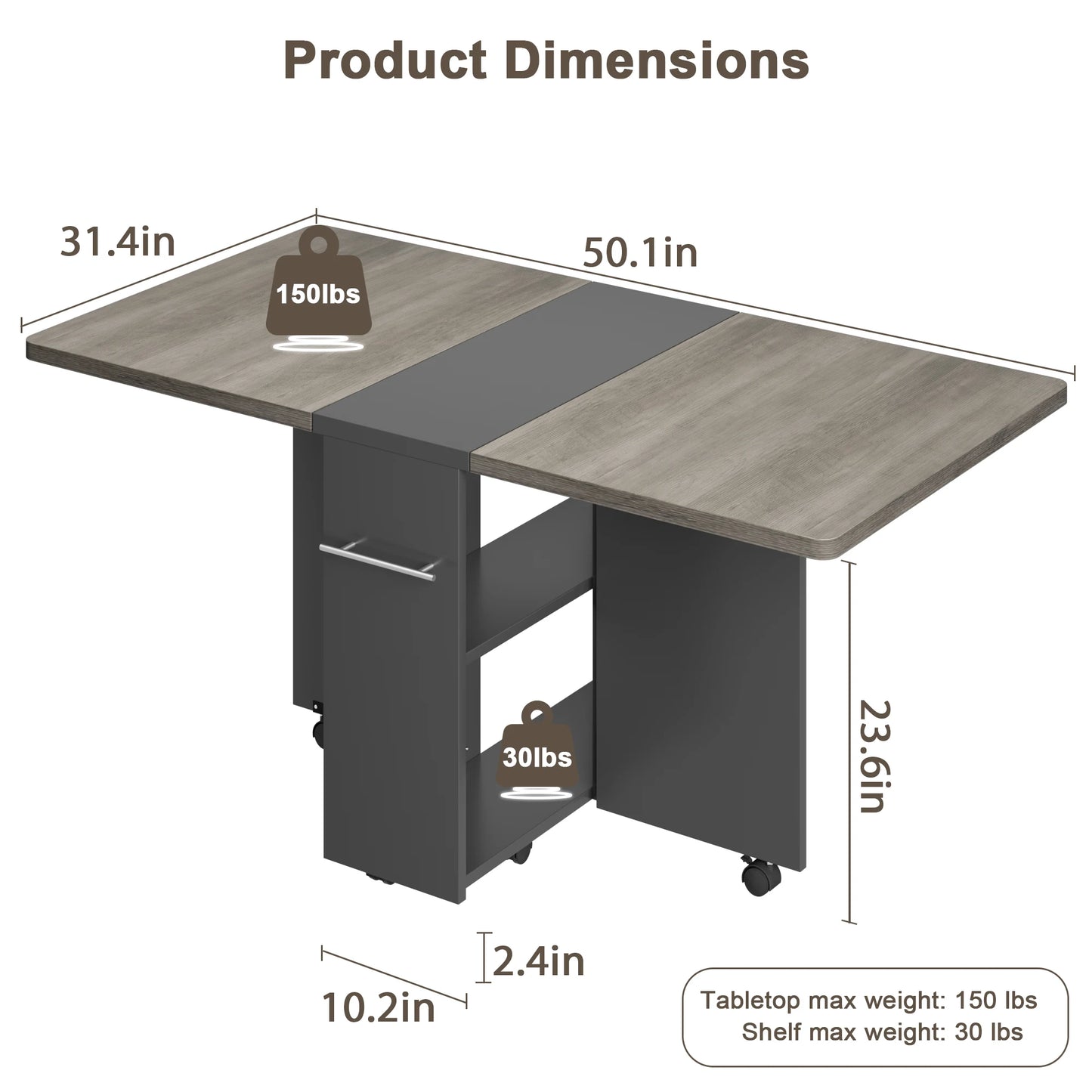 Folding Table with 6 Wheel and 2-Layer Storage Shelf