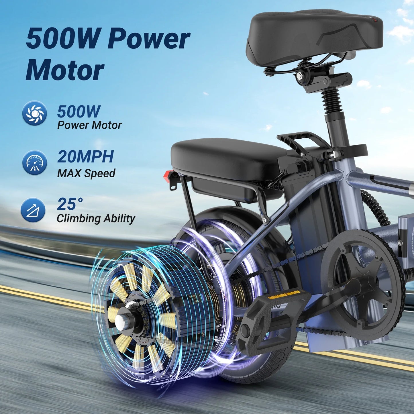 14'' Foldable Electric Bike 500W 48V 10.4AH Battery 22MPH 28Miles Long Range with Two Seats for Adult