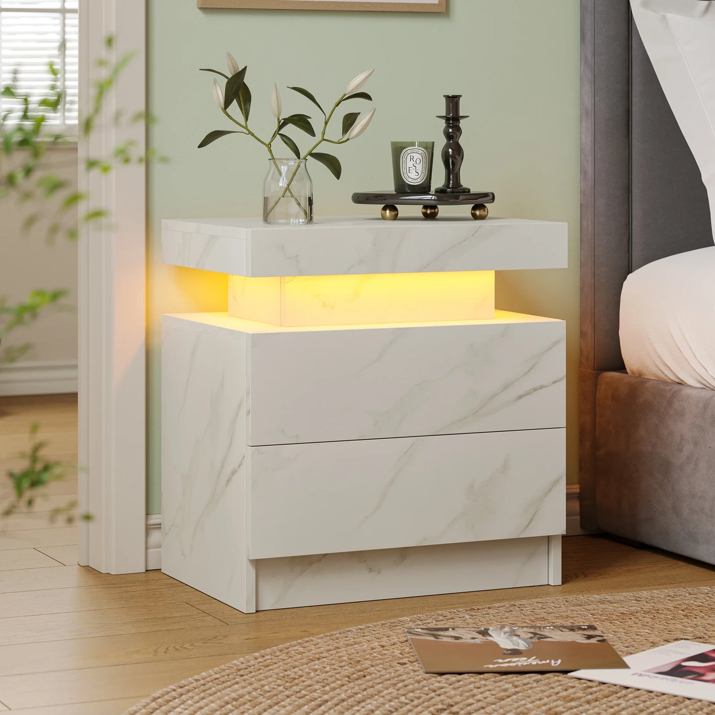LED Nightstands with 2 Drawers, End Table