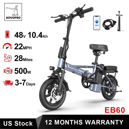 14'' Foldable Electric Bike 500W 48V 10.4AH Battery 22MPH 28Miles Long Range with Two Seats for Adult