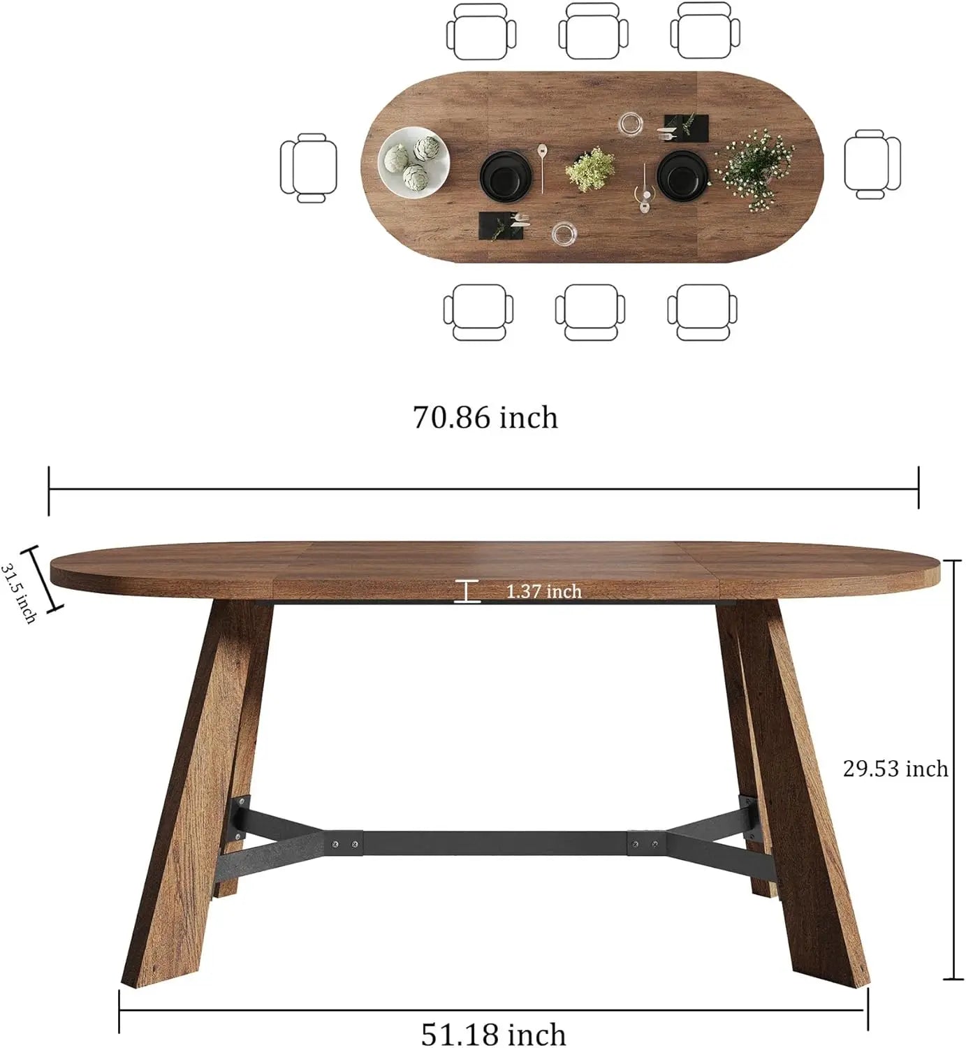 70.86in Rustic Oval Dining Table 6-8 Person