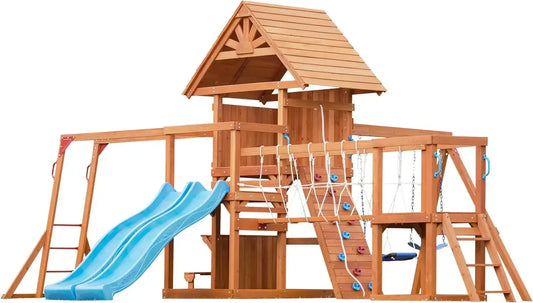 Swing Sets for Backyard with Plank Bridge, Wooden Playground Sets for Backyards with 2 Wave Slides, Monkey bar