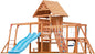 Swing Sets for Backyard with Plank Bridge, Wooden Playground Sets for Backyards with 2 Wave Slides, Monkey bar