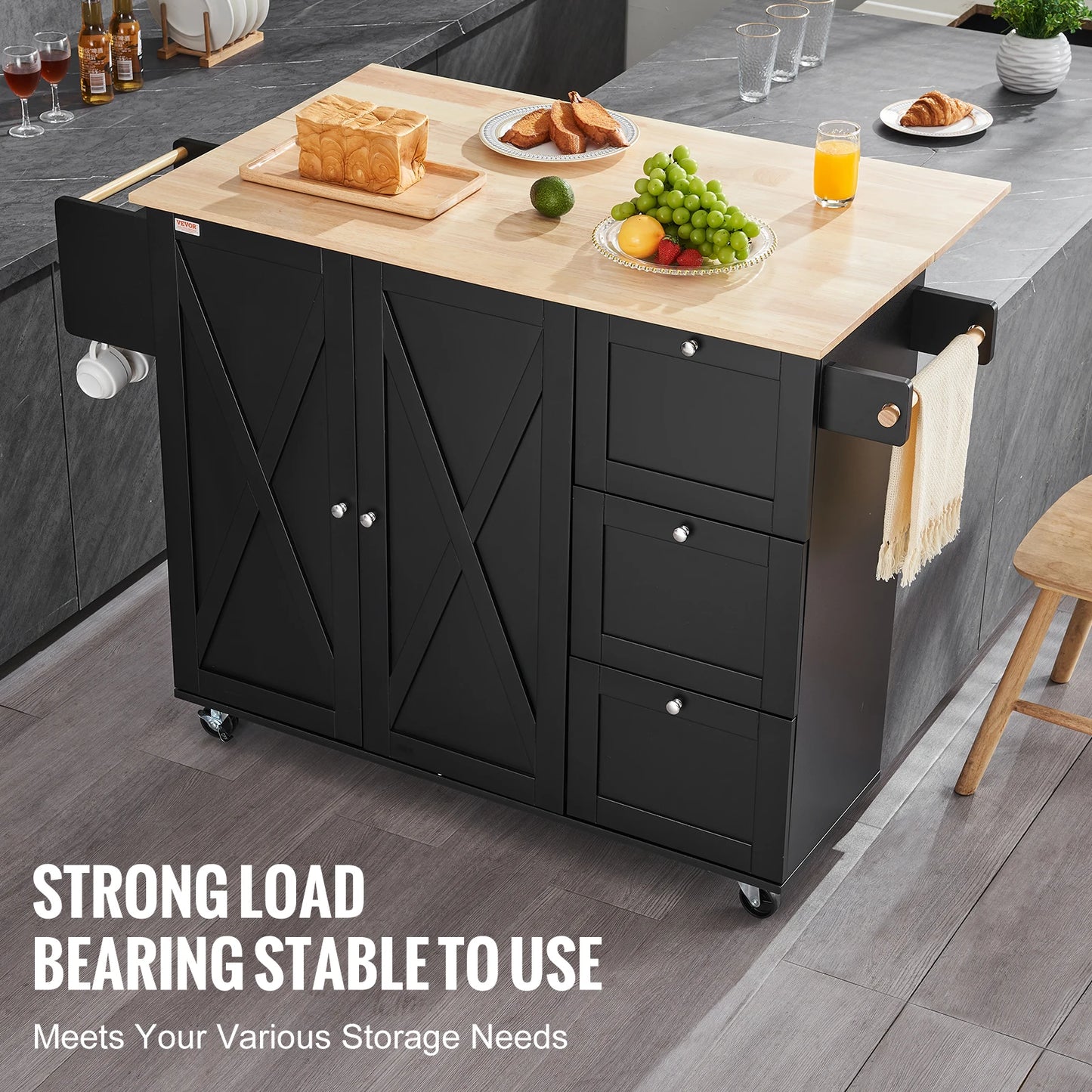 56" Kitchen Island Cart Wood Top Mobile Carts with Storage Cabinet Rolling Table with Spice Rack Towel Adjustable Shelf