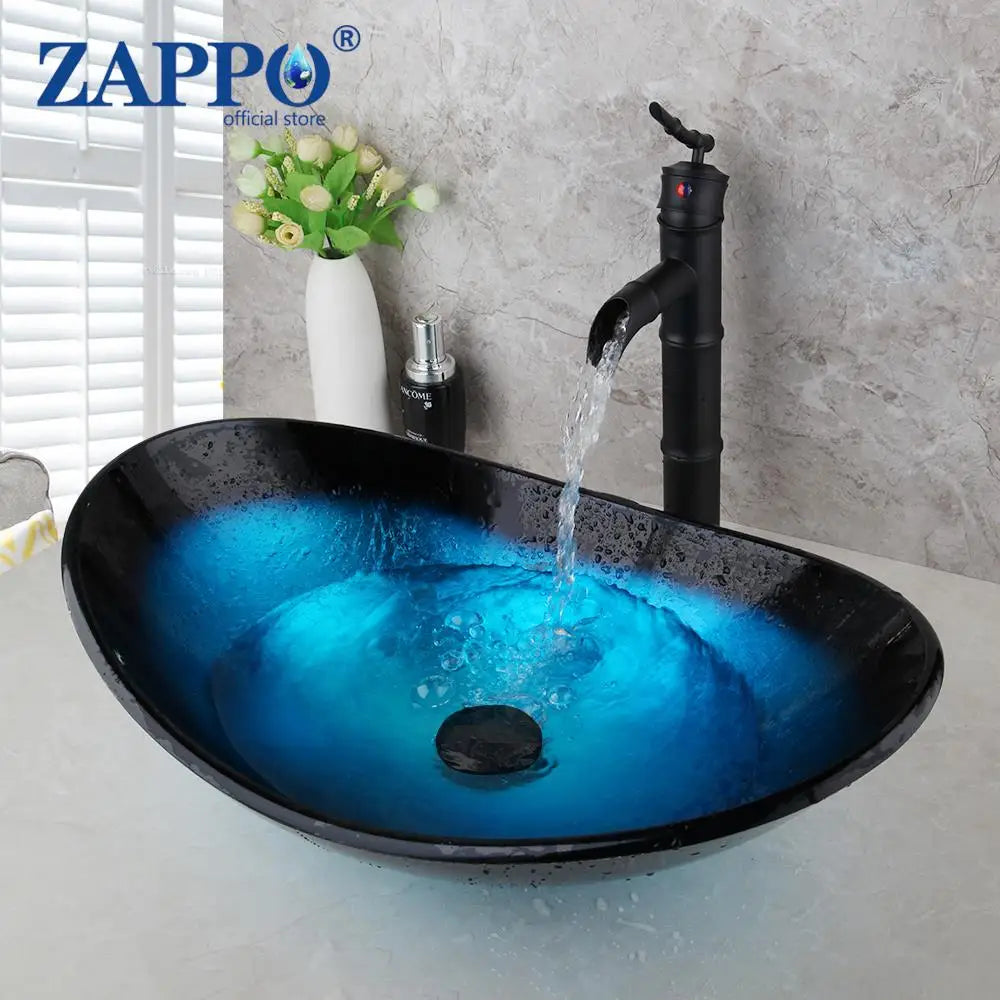 Tempered Glass Bathroom Vessel Sink with Waterfall Black Faucet Tap Bathroom Oval Blue Vessel Sinks Above Counter Basin