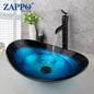 Tempered Glass Bathroom Vessel Sink with Waterfall Black Faucet Tap Bathroom Oval Blue Vessel Sinks Above Counter Basin
