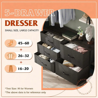 Wide Fabric Storage Chest with 5 Drawers