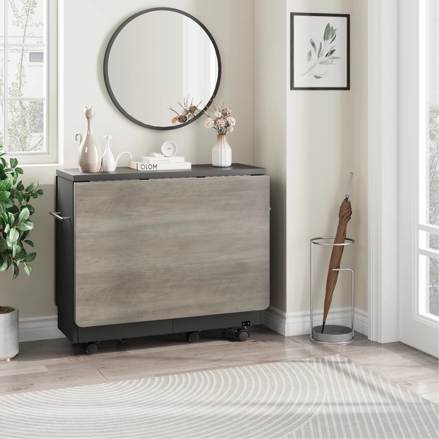 Folding Table with 6 Wheel and 2-Layer Storage Shelf
