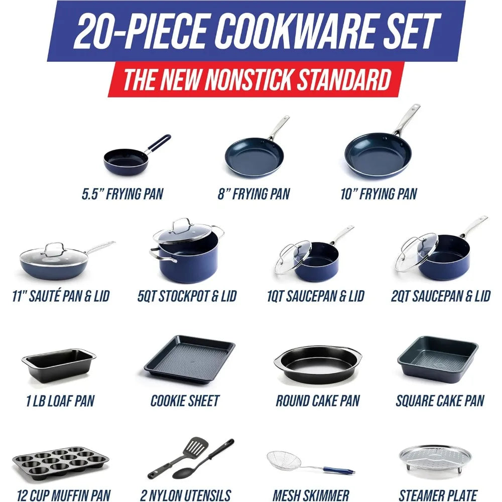 20 Piece Nonstick Cookware Set, Diamond Ceramic Pots & Pans