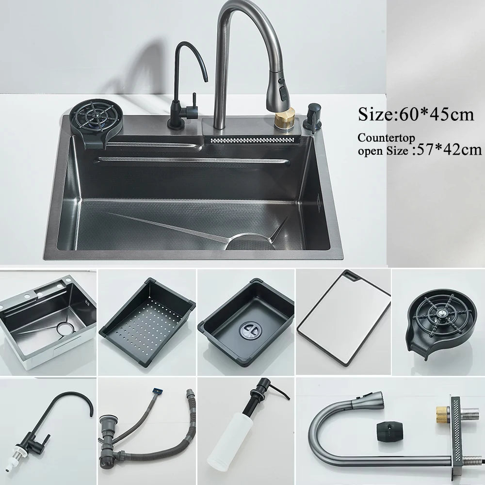 Stainless Steel Waterfall Kitchen Sink Large Single Slot Integrated Digital Display Faucet Set Soap Dispenser Cup Washer