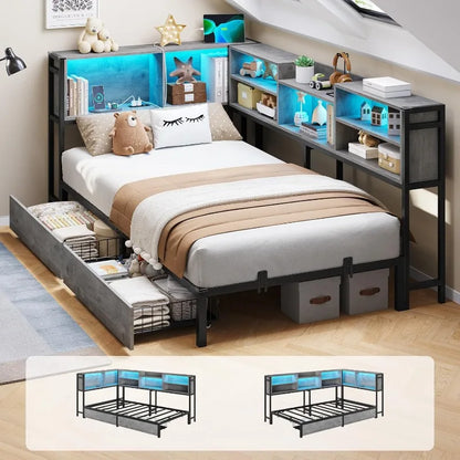 Corner Twin Bed Bookcase Storage Led Lights