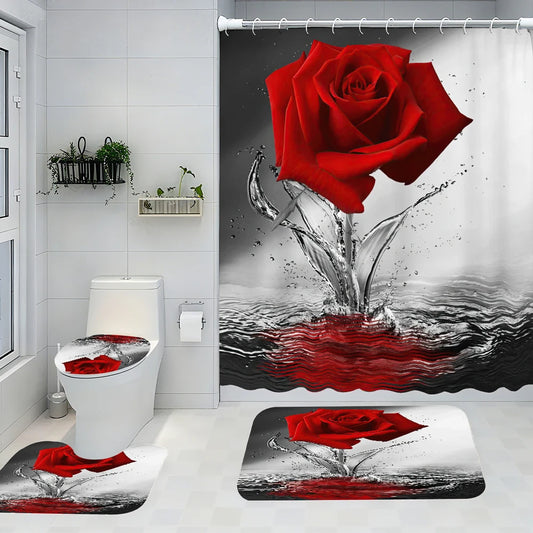 Red Rose Bathroom Four-piece Set - Waterproof Shower Curtain