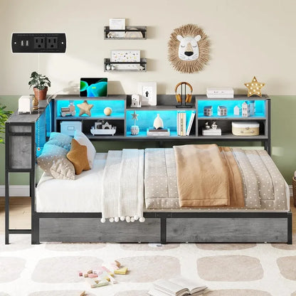 Corner Twin Bed Bookcase Storage Led Lights