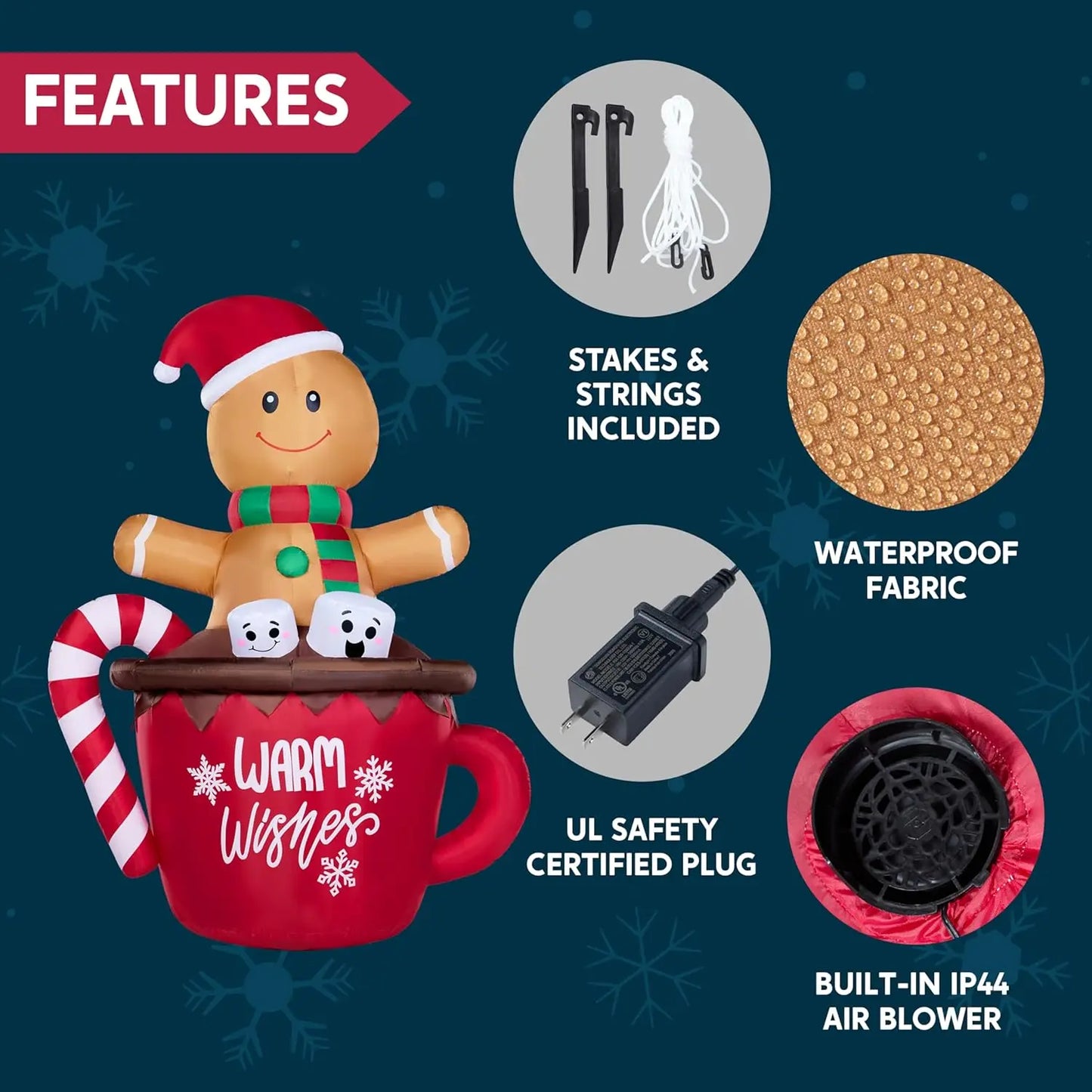 6 FT Tall Christmas Inflatable Gingerbread Man in Hot Cocoa Mug