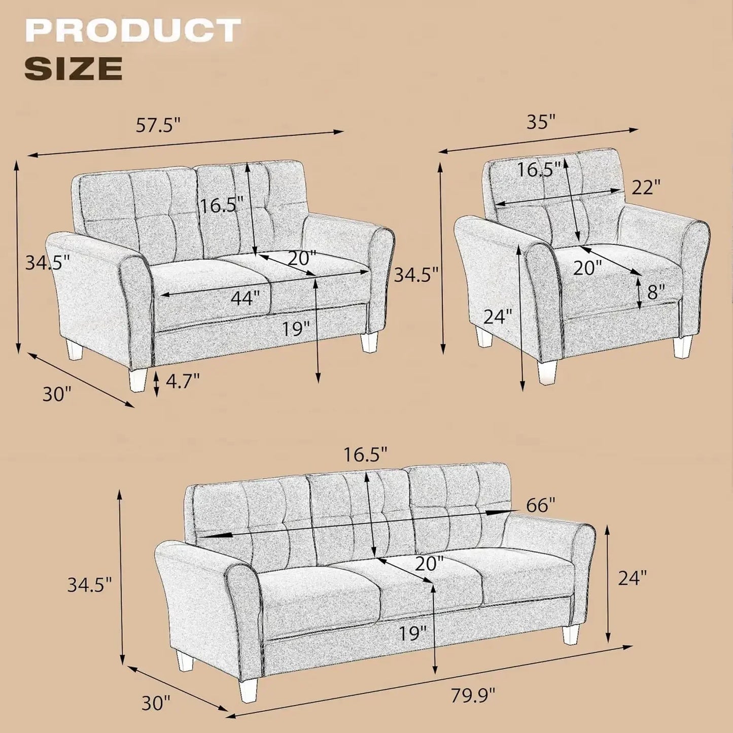 3-Piece Living Room Sectional Sofa Set, Modern Style